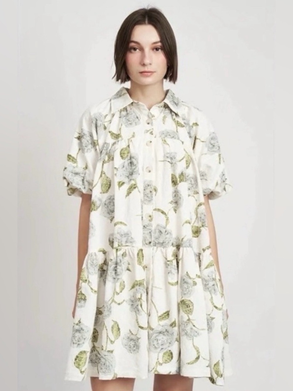 En Saison White Dress with Sage Floral Print EUC